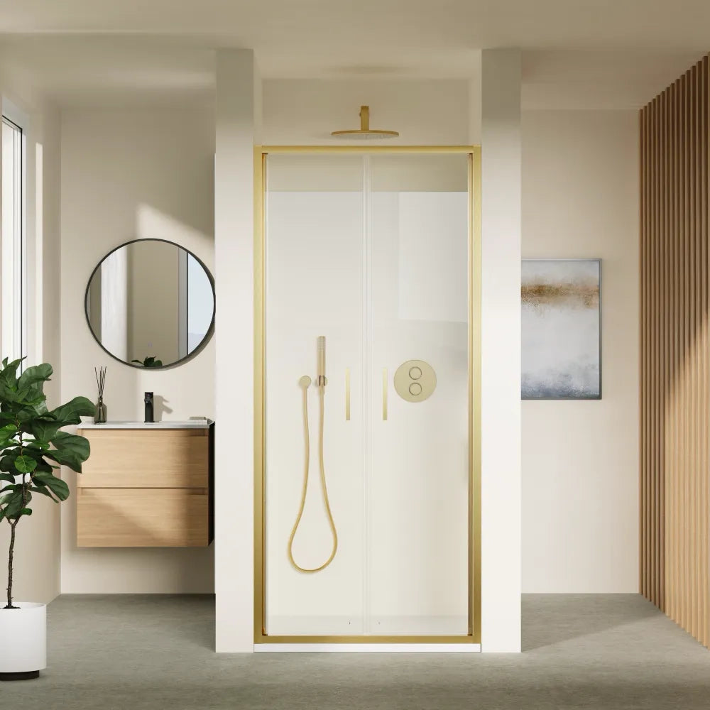 Porta doccia 80cm con apertura saloon profili slim oro spazzolato vetro 6mm trasparente anticalcare h190 | Portofino