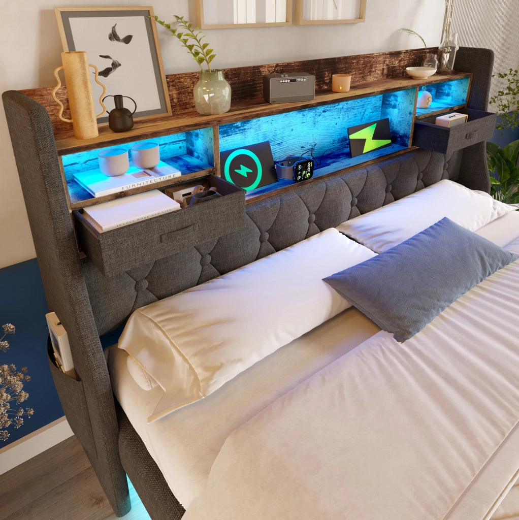 Letto imbottito 140x190 cm con illuminazione LED, testiera con porta USB e Type-C, design moderno con piano a doghe, rivestimento in lino grigio (senza materasso)
