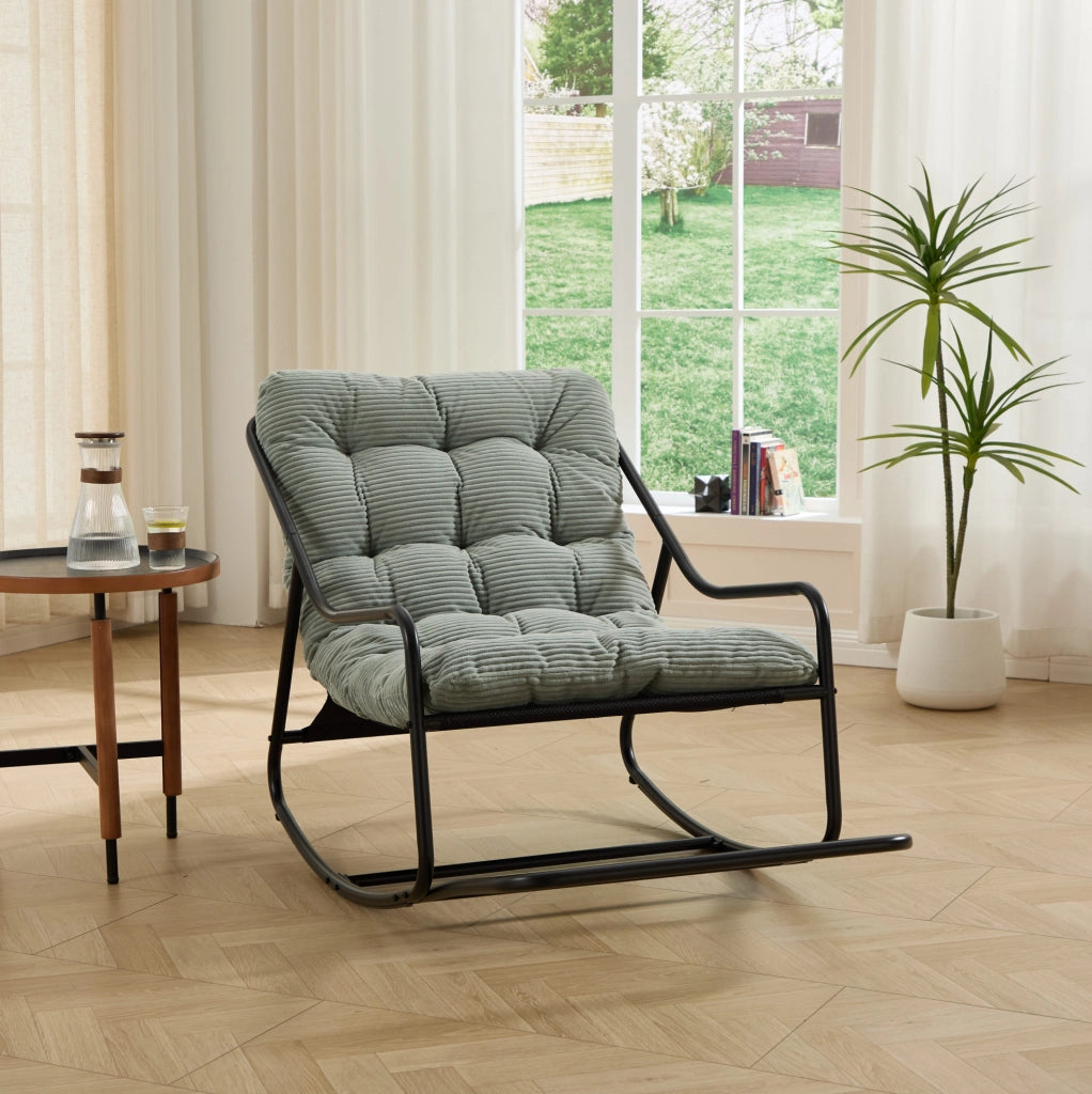 Poltrona a Dondolo da Esterno con Cuscino Spesso e Morbido, Telaio Nero e Cuscino Verde Chiaro, 75x116x82 cm