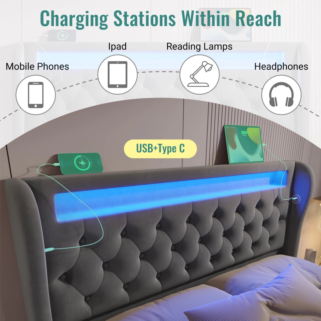 Letto con contenitore 160 × 200 cm idraulico con LED; USB e Type-C; testiera contenitore in velluto grigio
