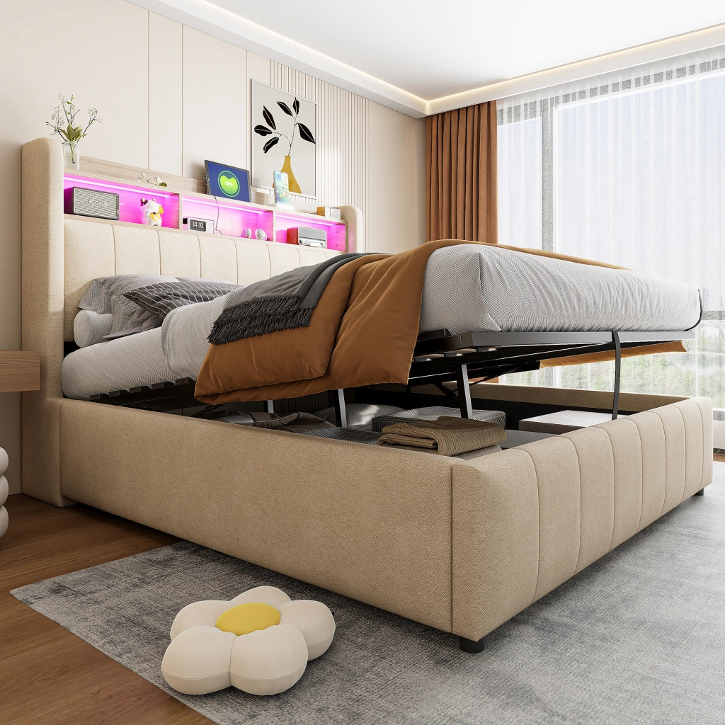 Letto imbottito matrimoniale 140x200 cm con LED e presa USB, testiera con ripiani e contenitore, sollevamento idraulico, per adulti, lino - Beige