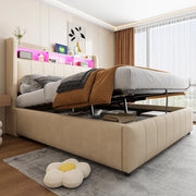 Letto imbottito matrimoniale 140x200 cm con LED e presa USB, testiera con ripiani e contenitore, sollevamento idraulico, per adulti, lino - Beige