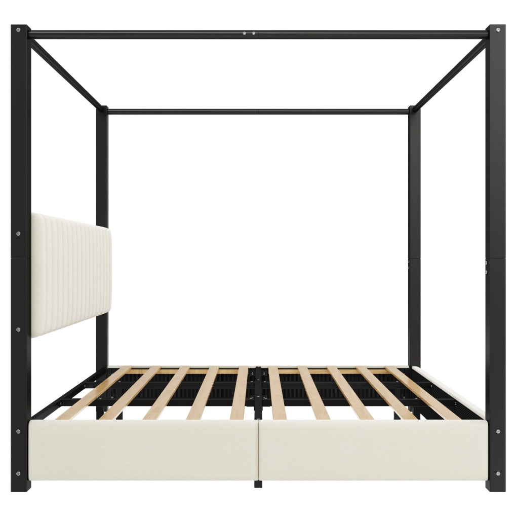 Letto imbottito con struttura a baldacchino 180x200 cm, testiera imbottita e telaio in metallo beige e nero