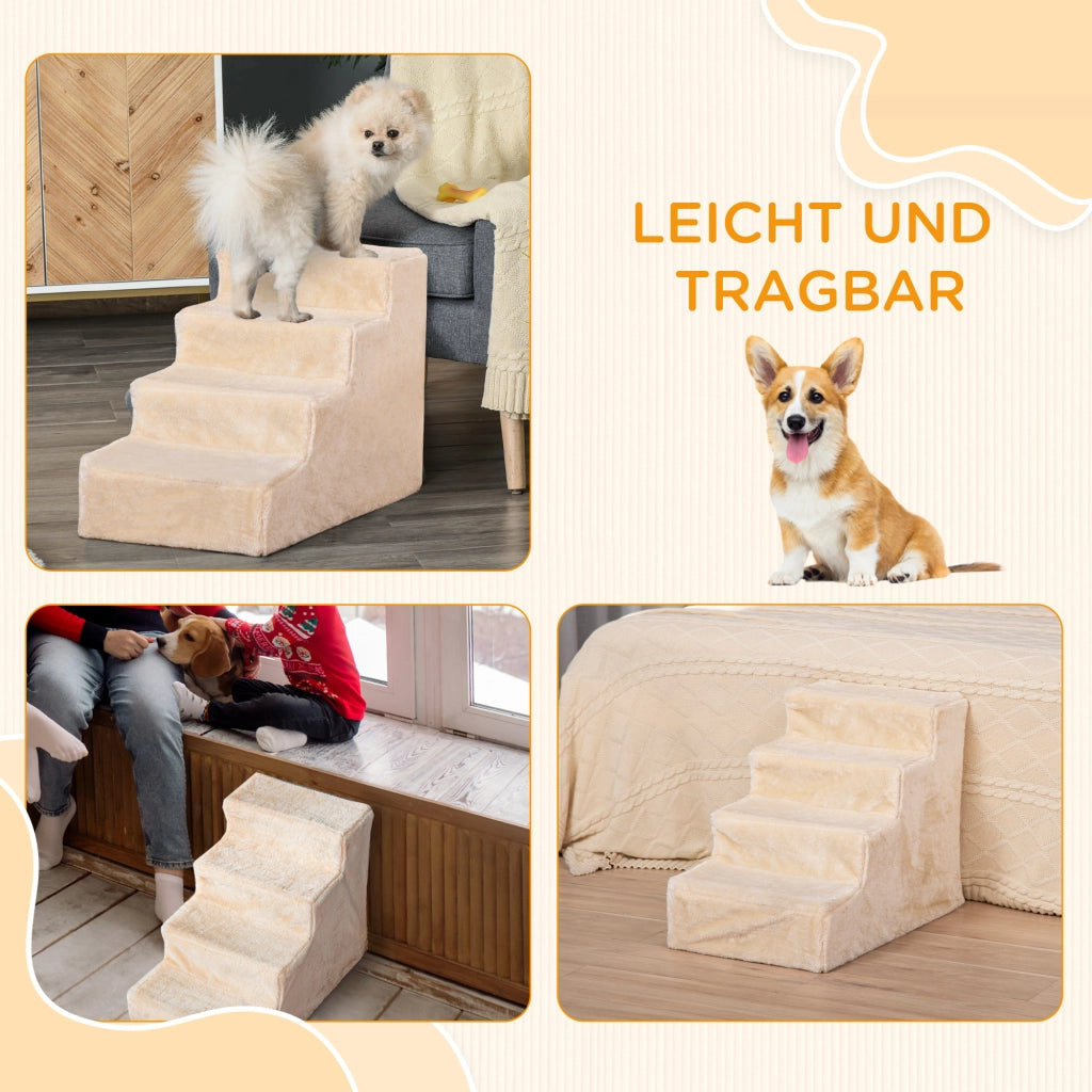 Scaletta per animali a 4 gradini con rivestimento in peluche rimovibile beige per divano o letto 60 × 35 × 44 cm