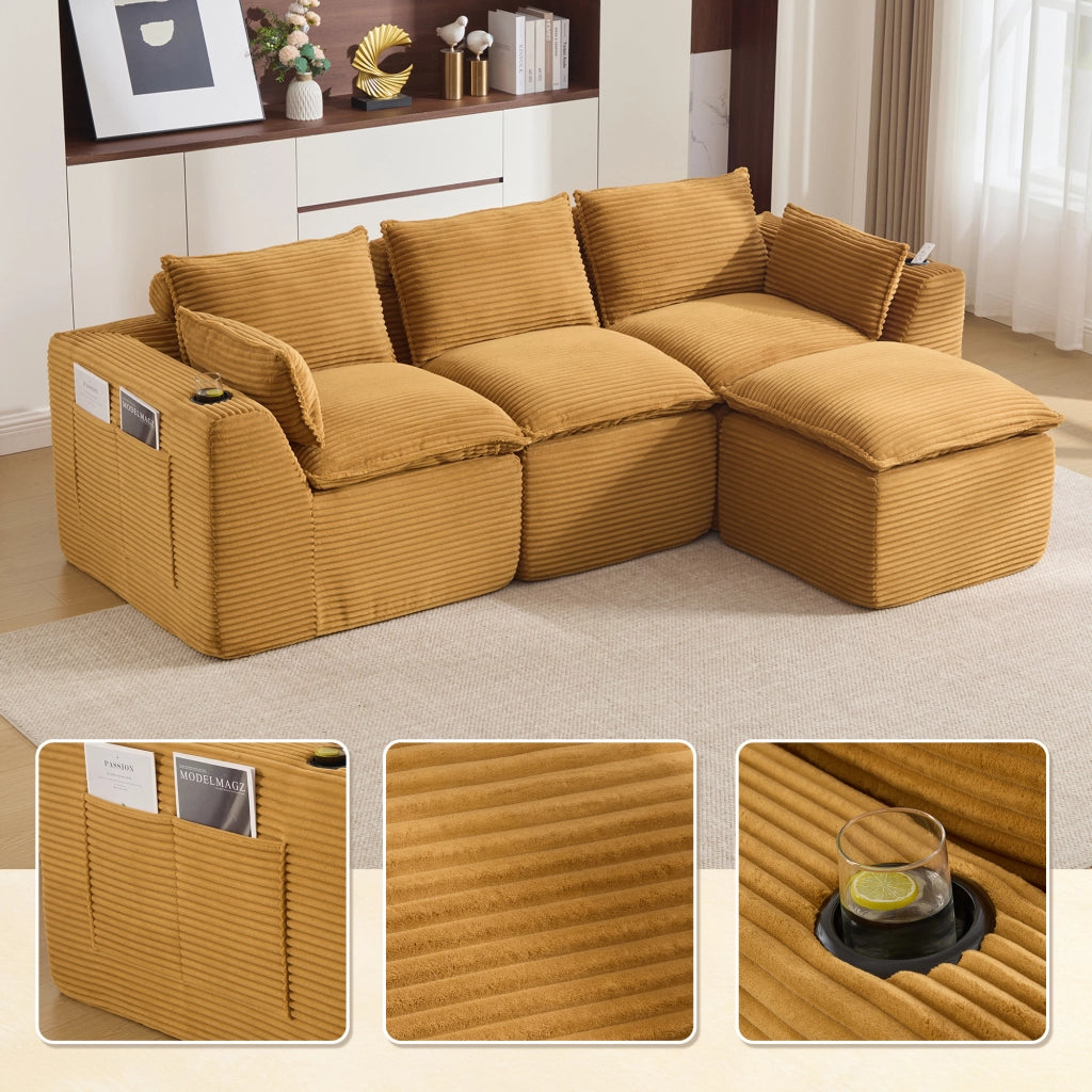 3 divano a sedere modulare con poggiapiedi; tessuto di velluto a coste; imbottitura in schiuma e molle; porta tazza - arancione