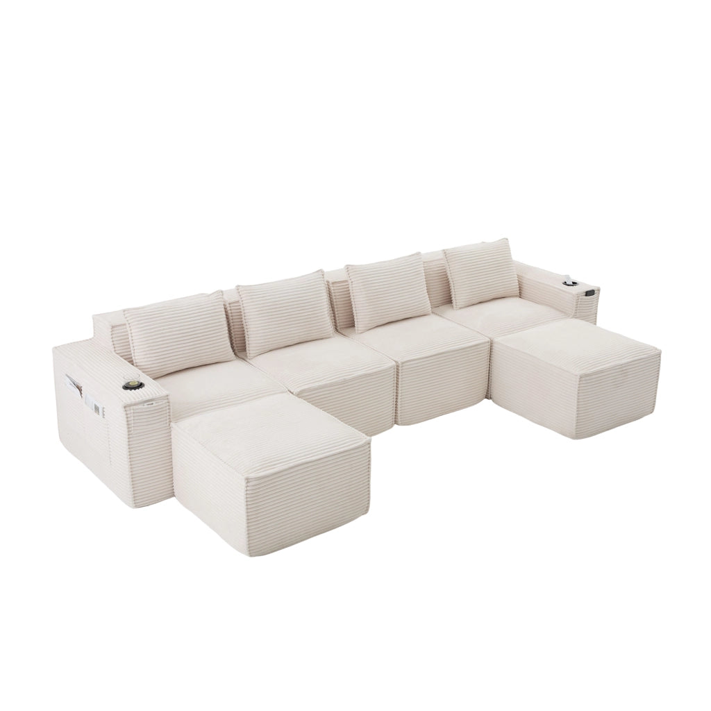Divano modulare 330x162 cm con 2 pouf; portabevande e tasche laterali; velluto a coste beige