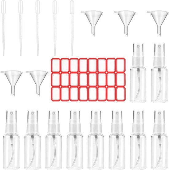 Set di 10 flaconi vuoti 50 ml per profumo e shampoo con beccuccio, contapolvere e etichetta.