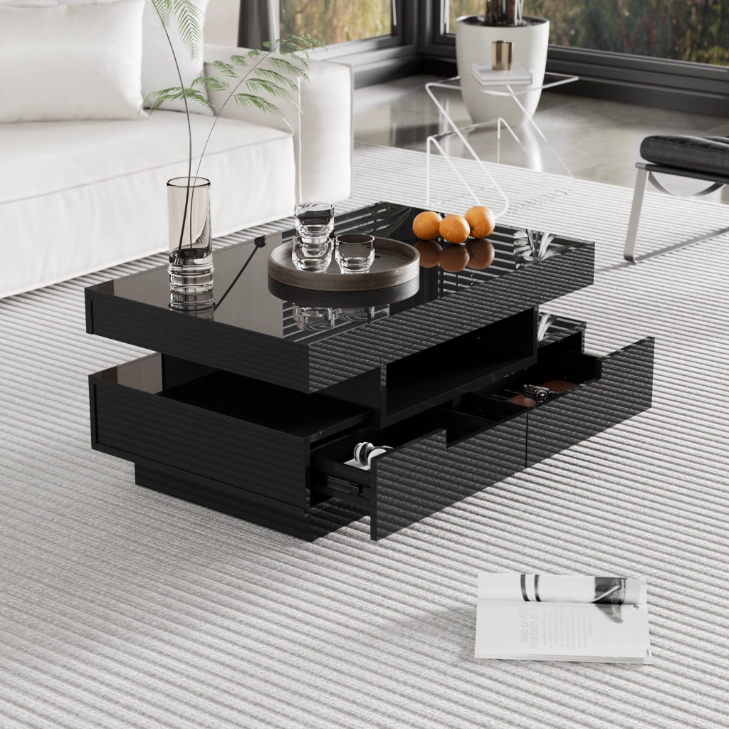 Tavolino basso fisso con LED regolabile 3 vani aperti e 4 cassetti nero lucido 80 × 50 × 36 cm