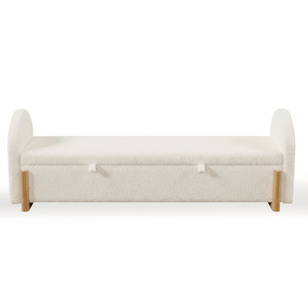 Panca contenitore con chiusura soft, 166x47x61 cm, rivestimento in tessuto bouclé bianco, gambe a U in legno massello di gomma, carico max 150 kg