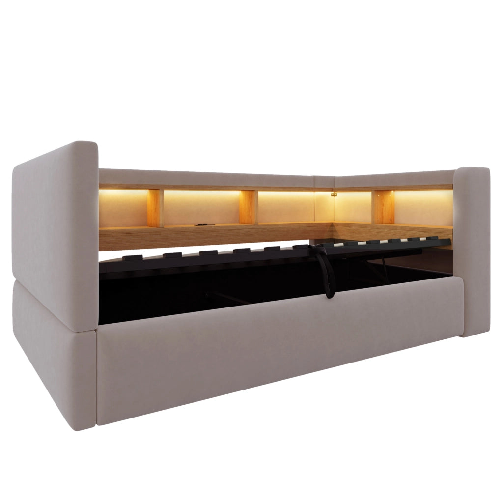 Divano Letto Imbottito 90x190 cm con Contenitore Idraulico, LED e Prese, Colore Grigio Scuro