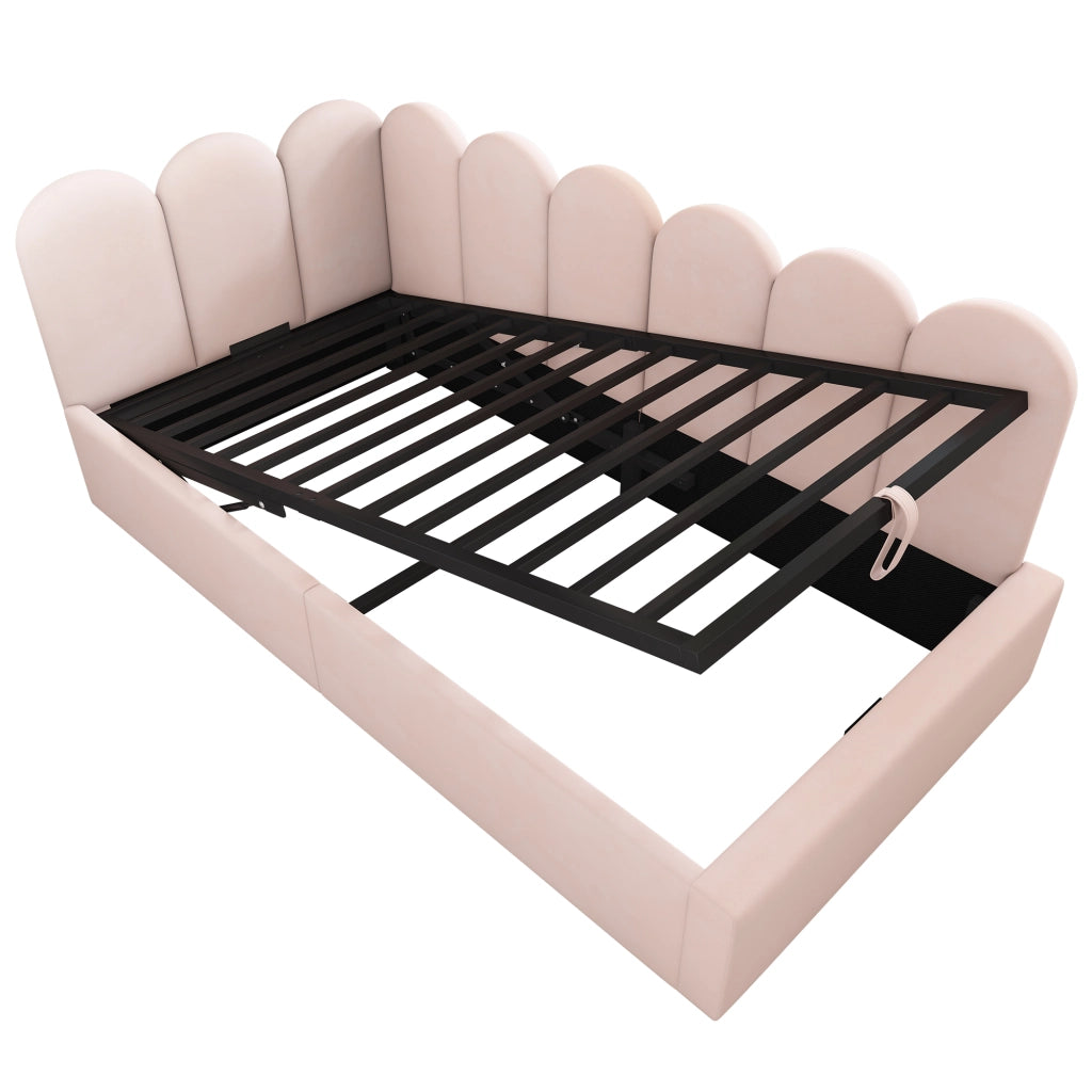 Letto divano singolo 90 × 190 cm con vano idraulico e sponda imbottita, senza materasso, velluto rosa