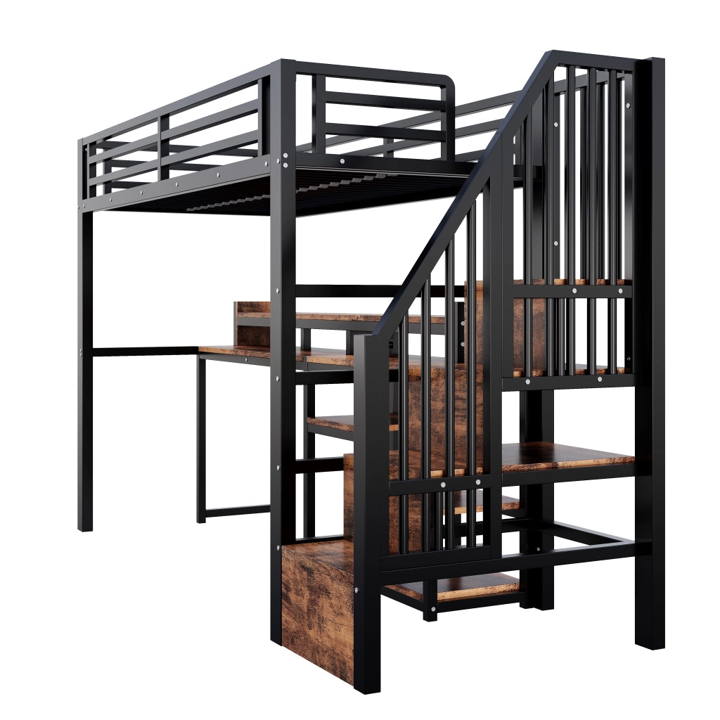 Letto a soppalco 90 × 200 cm con armadio scala ripiani LED USB e Type-C in metallo e MDF nero
