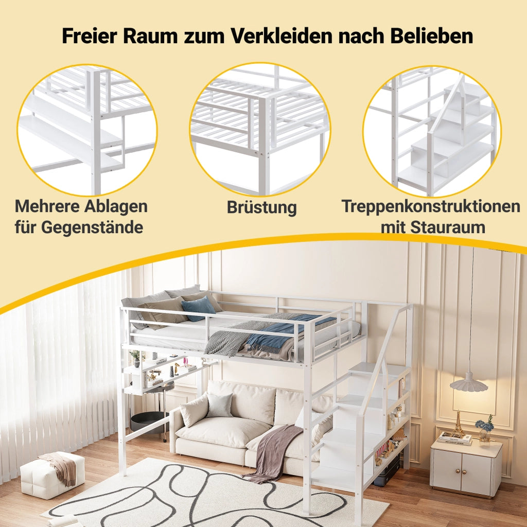 Letto a soppalco per bambini 140 × 200 cm 1 posto con mensole; scala contenitore e spazio gioco; senza materasso; bianco