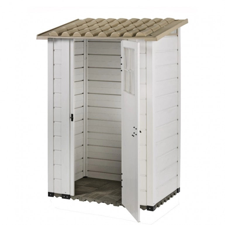 Casetta da Giardino in Resina Tuscany Evo 100 con 1 porta centrale, Pavimentazione inclusa, colore Beige, 95x139x201h cm