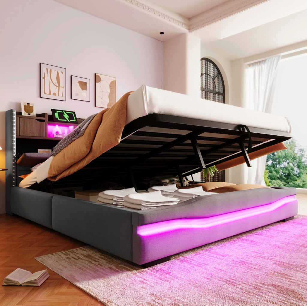 Letto matrimoniale contenitore 180x200 cm in lino grigio con LED e ricarica USB-C HOMVRA