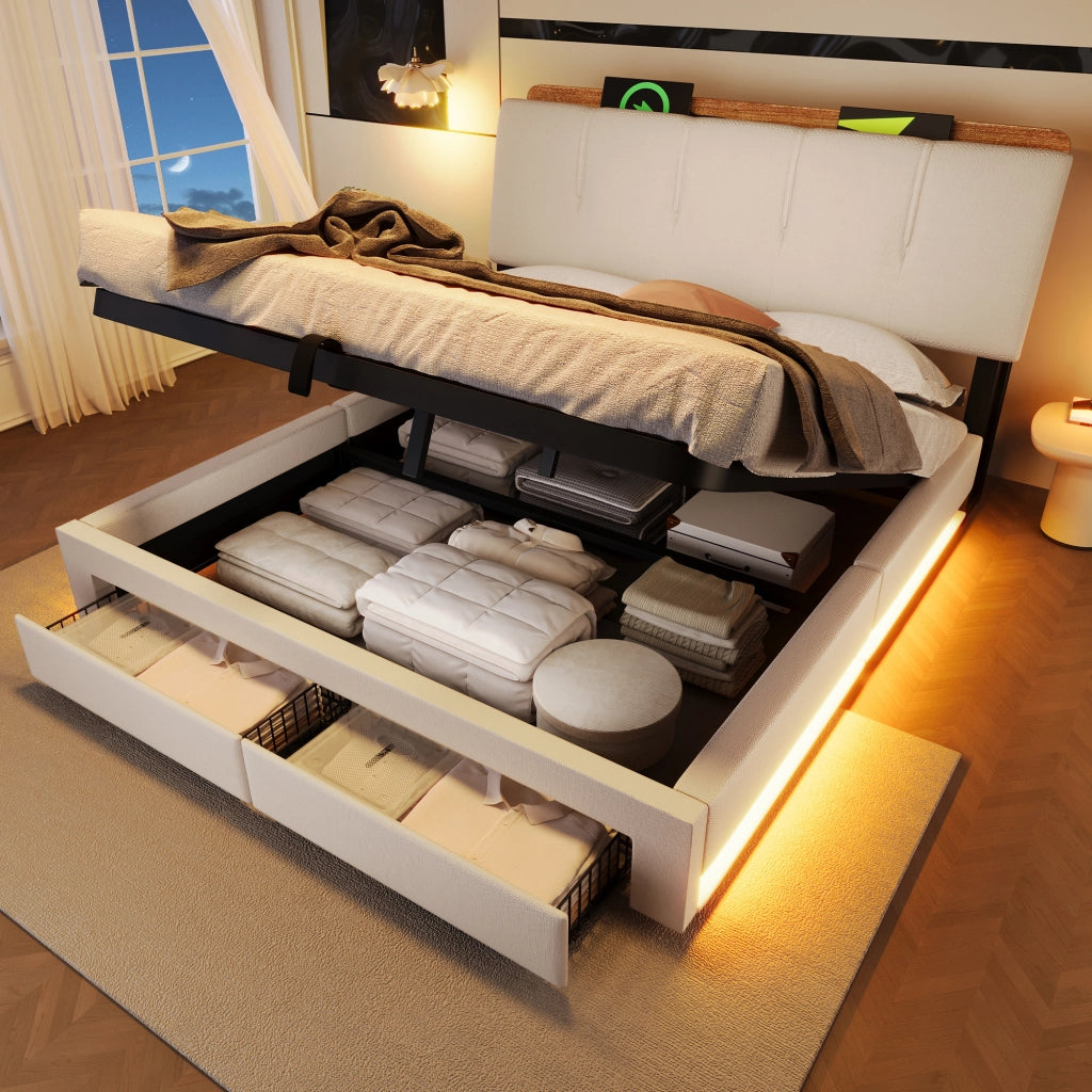 Letto contenitore 140x200 cm in lino beige con cassetti; testiera portaoggetti; LED e USB-C