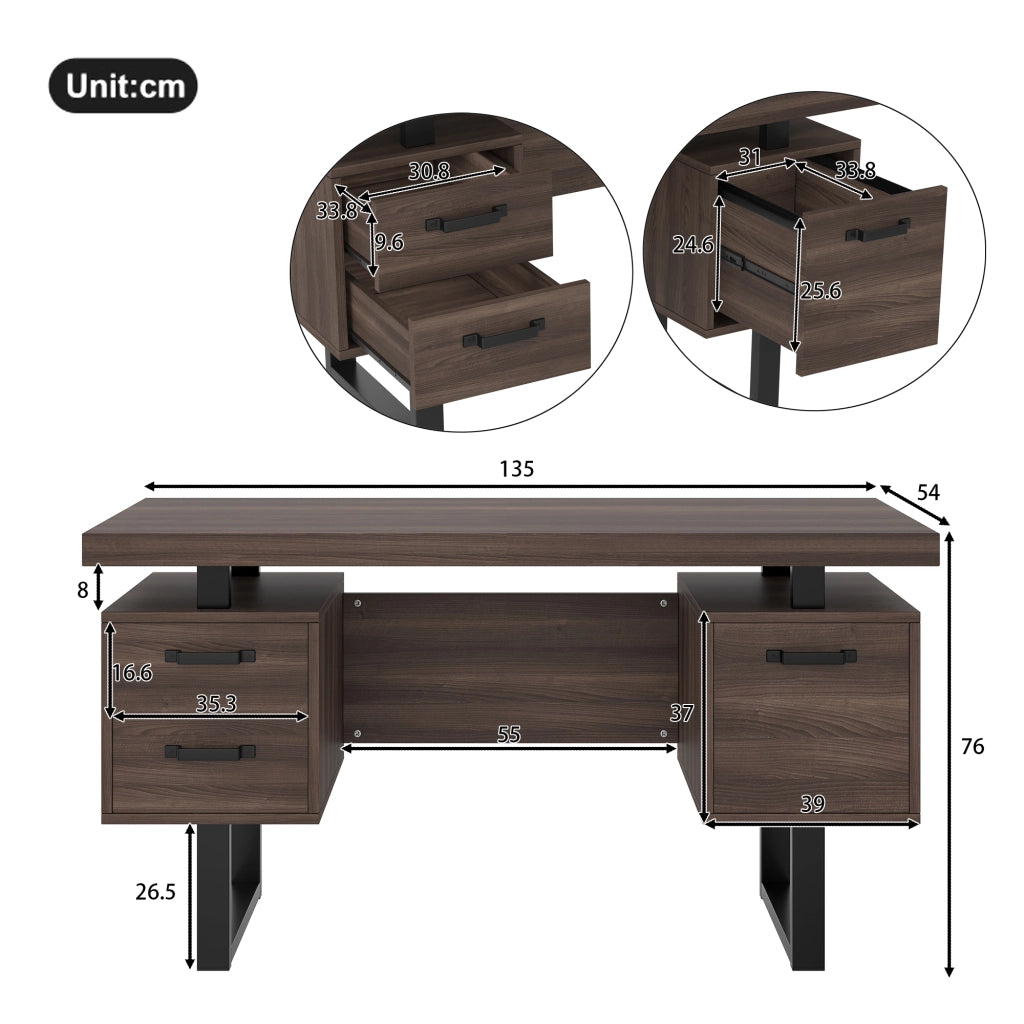 SCRIVANIA da Ufficio 135x54 cm MDF e Metallo Marrone Scuro e Nero