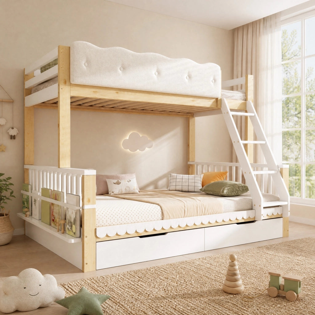 Letto a castello bambini 90x200/140x200 cm con cassetti e porta riviste bianco e rovere HOMVRA
