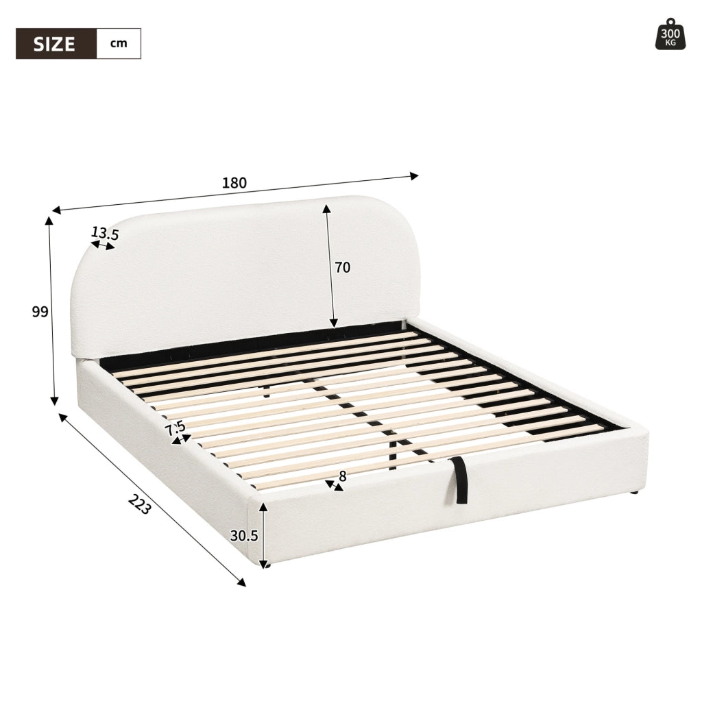 Letto imbottito con contenitore; in bouclé beige