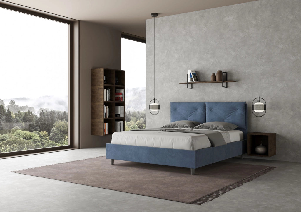 BS COM Letto matrimoniale con rete imbottito 160x210 microfibra blu