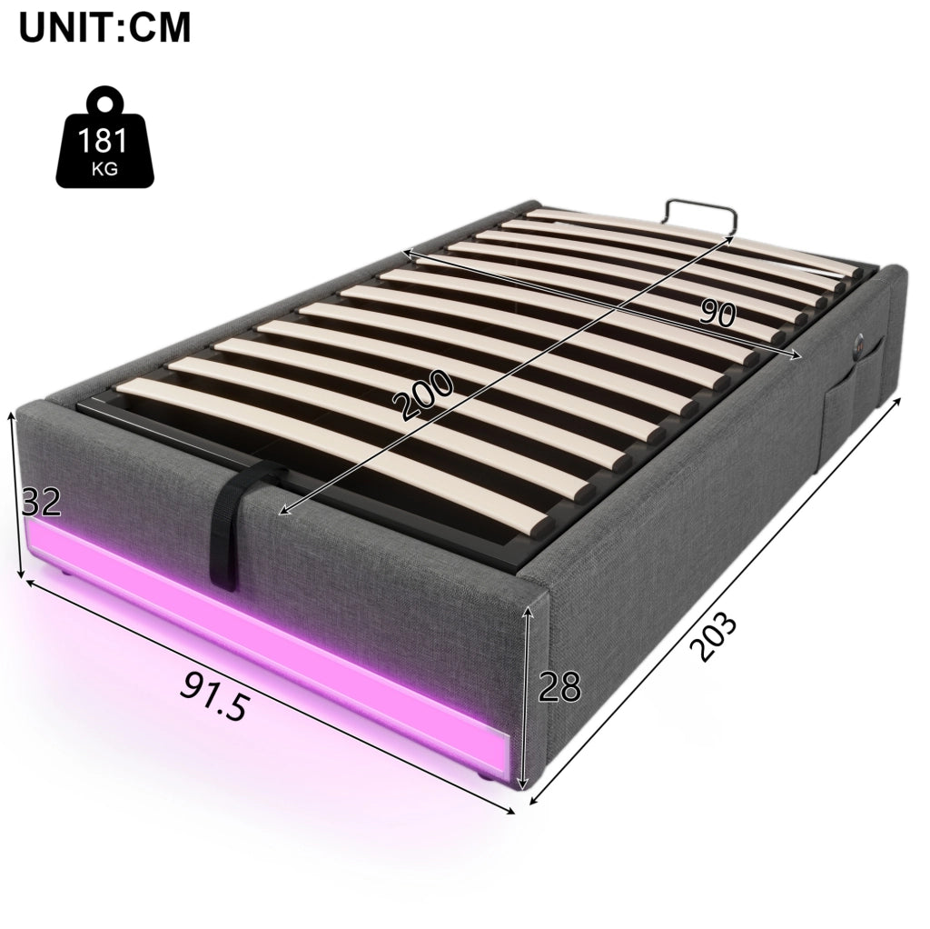 Letto imbottito 90x200 cm con LED, USB e USB-C in lino e MDF grigio