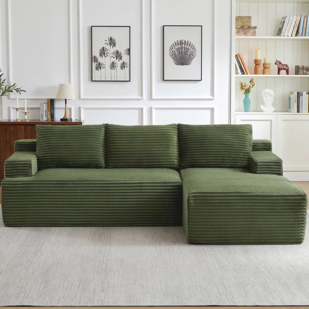 Divano angolare a L 238x152x66 cm in velluto a coste verde, senza montaggio