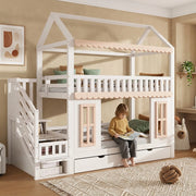 Letto a castello a casetta per bambini 90x200 cm in pino e MDF; bianco e naturale; con scala contenitore e 2 cassetti