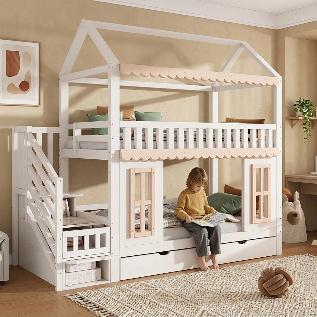 Letto a castello a casetta per bambini 90x200 cm in pino e MDF; bianco e naturale; con scala contenitore e 2 cassetti