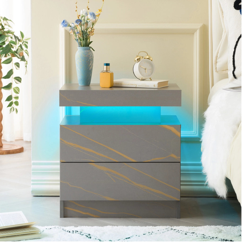 Comodino LED con 2 cassetti grigio e oro