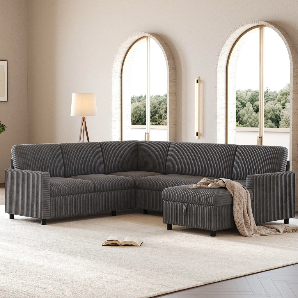 Divano letto angolare a U 274x220 cm con chaise longue contenitore in velluto a coste grigio