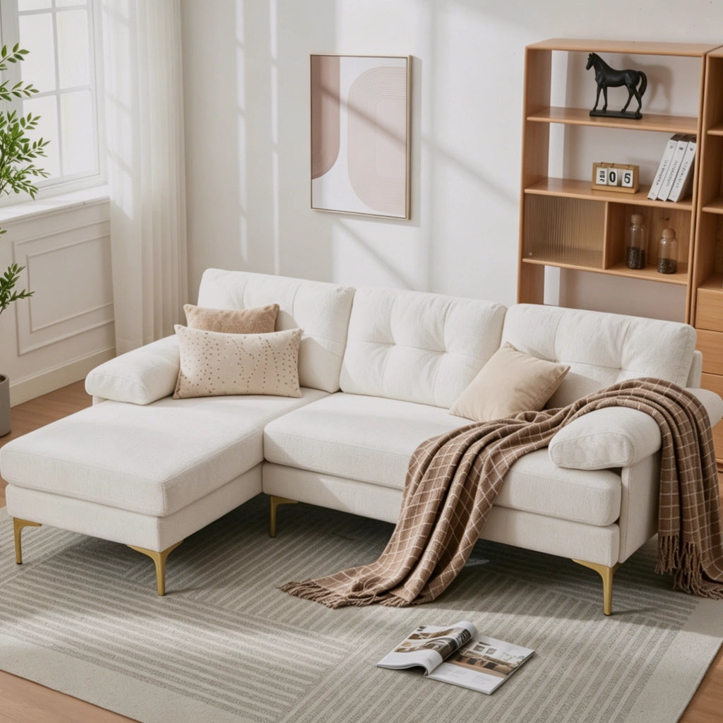 Divano angolare ULEVR 3 posti 187,5x130 cm con chaise longue reversibile, rivestimento in ciniglia beige