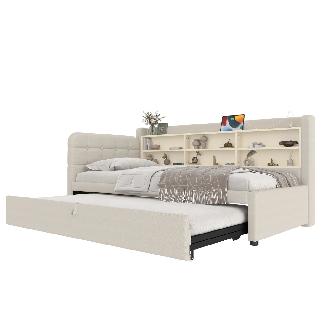 Letto divano 90 × 200 cm estraibile 180 × 200 cm; USB; porta tipo C e mensole; senza materasso; beige