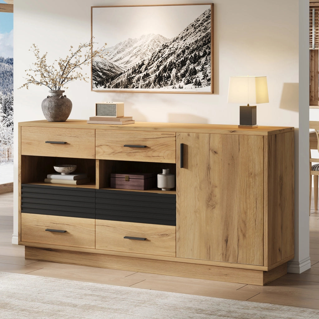Credenza ULEVR 140x35x70 cm con 6 cassetti e 1 anta, mobile contenitore in MDF effetto rovere