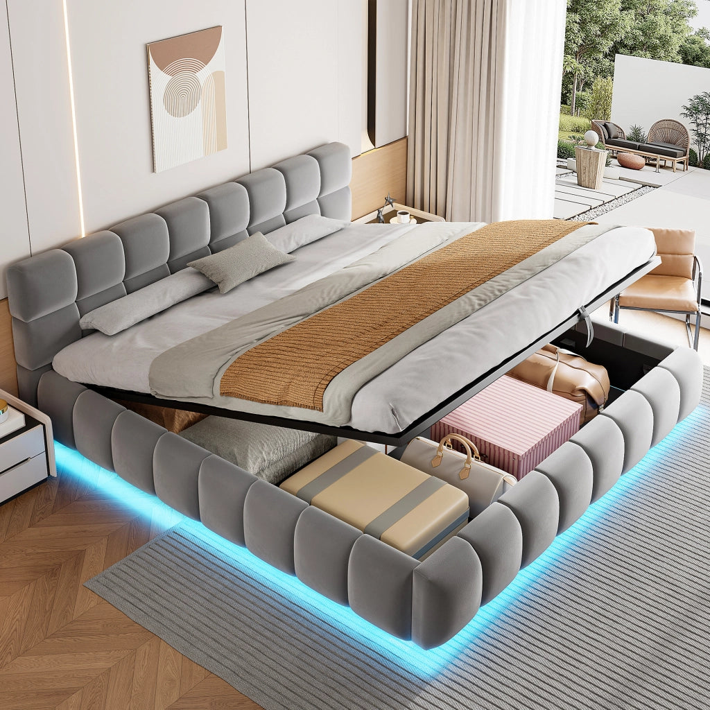 Letto matrimoniale 180 × 200 cm con contenitore idraulico e LED regolabile, senza materasso, in velluto grigio