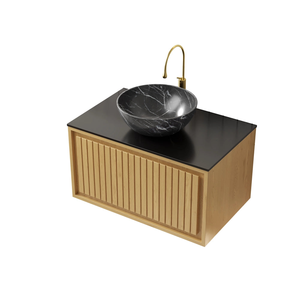 Mobiletto con lavabo sospeso in ceramica effetto pietra con piano in pietra sinterizzata nero e cassetto rovere dorato