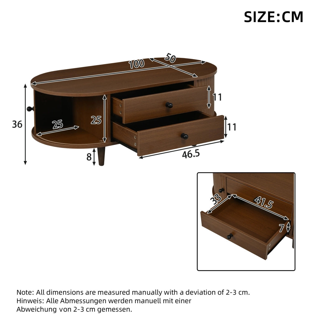 Tavolino da salotto rotondo 100x50x36 cm effetto noce; in MDF con 2 cassetti e ante scorrevoli