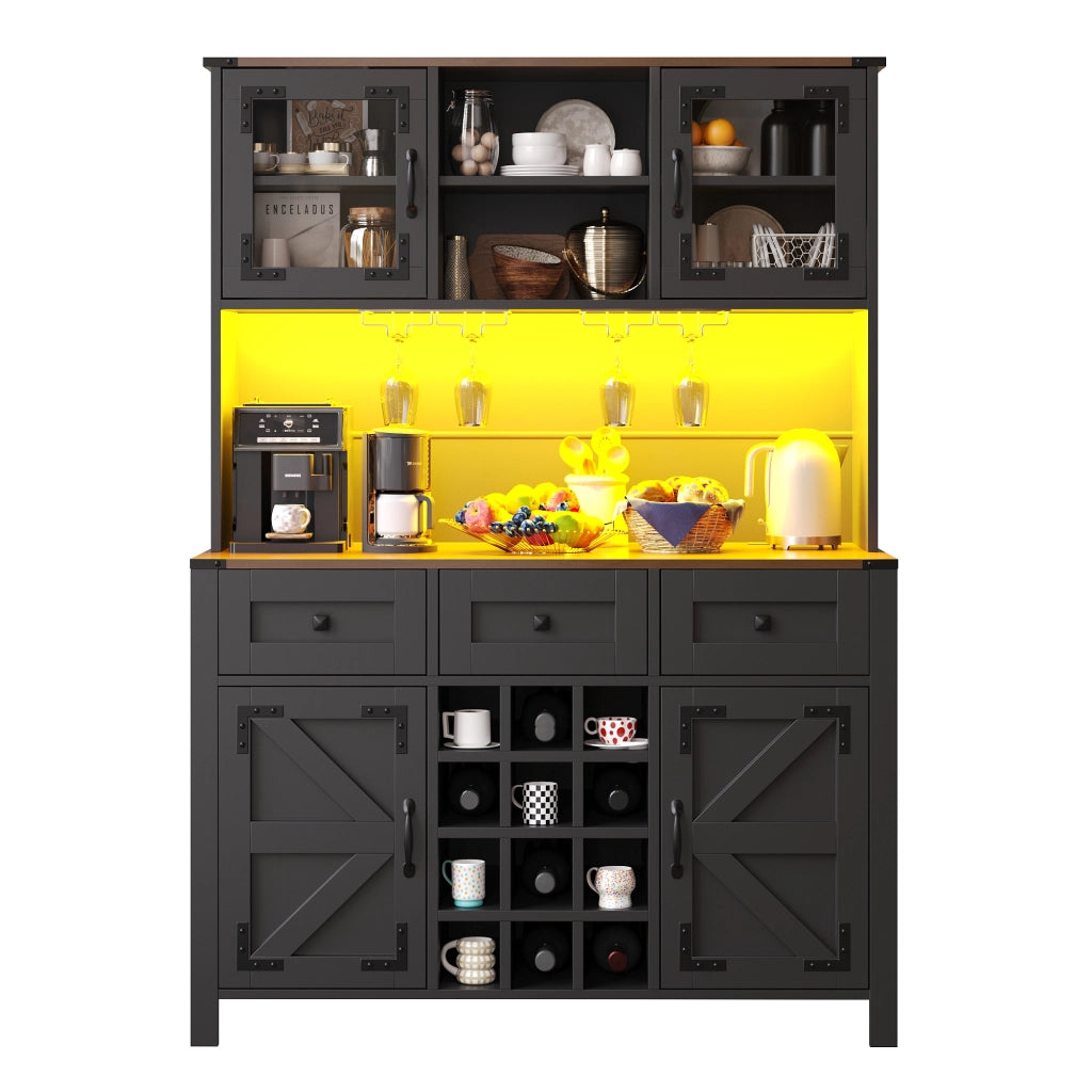 Credenza Alta con LED, USB e Prese ¨C MINIMAL ¨C 4 Ante, 3 Cassetti, Nero, 120¡Á40¡Á170cm