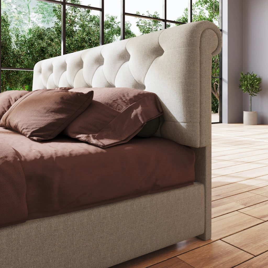 Letto contenitore 140x200 cm con testiera regolabile e materasso incluso; lino; naturale