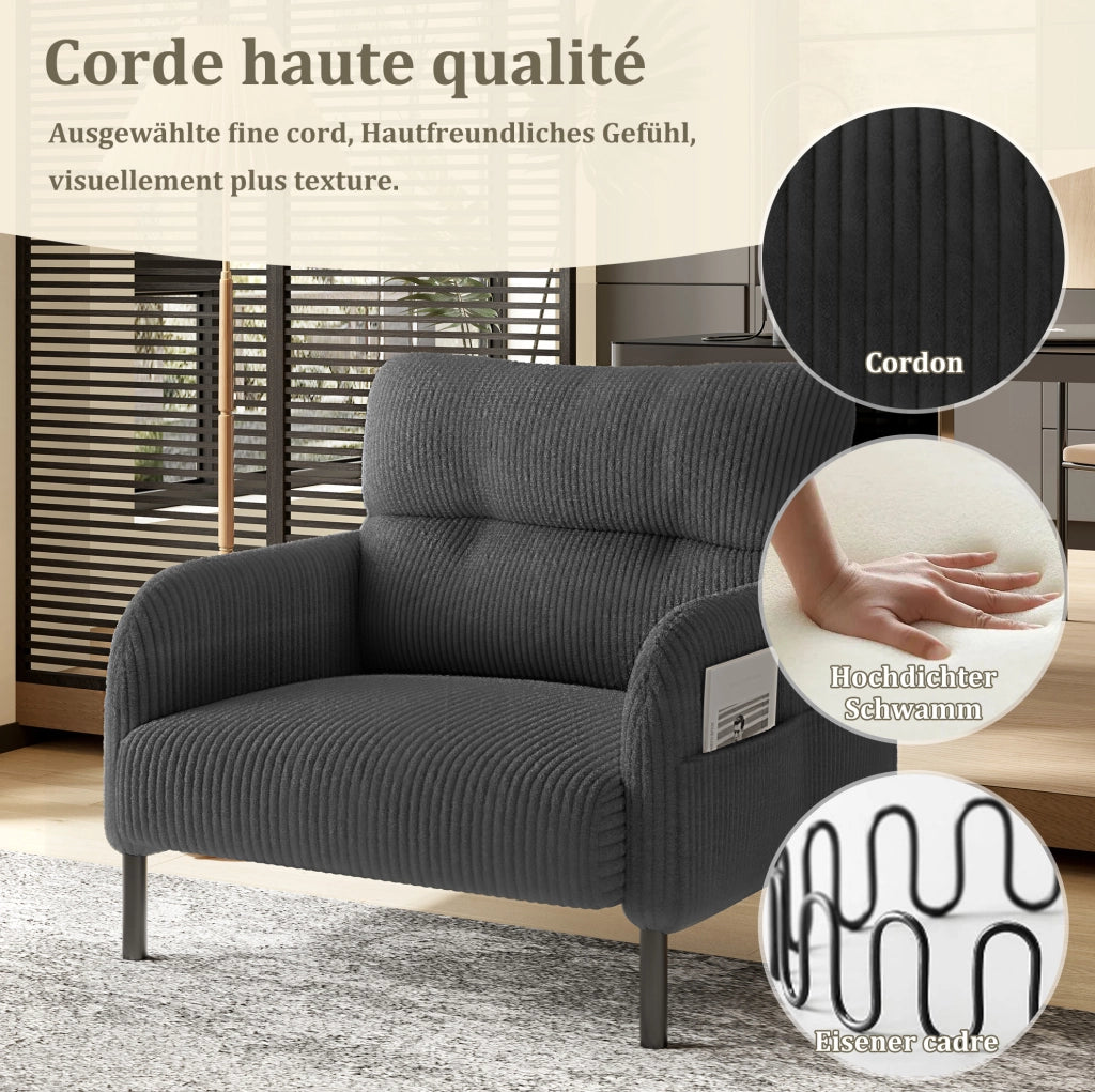 Poltrona singola in tessuto di velluto a coste con ampie tasche laterali e struttura in metallo, 67x75x79 cm, colore verde scuro