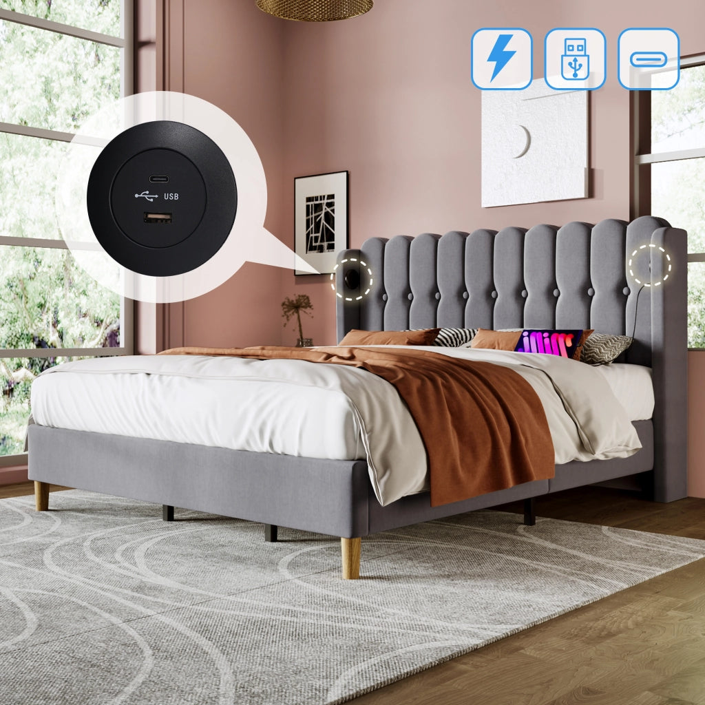Letto imbottito 180 ¡Á 200 cm in lino grigio con testiera a pannelli e porte USB e Type-C