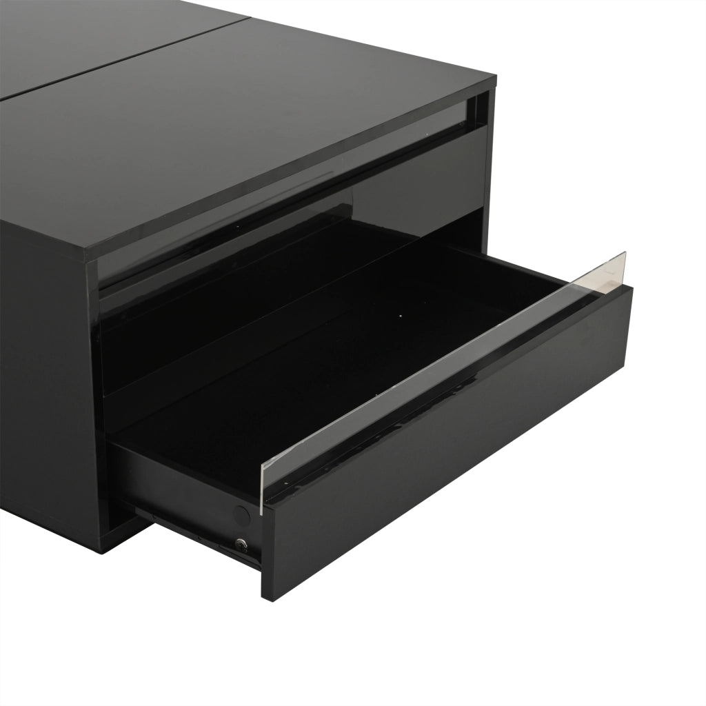 Tavolino da salotto elevabile con LED, cassetto e vano nascosto, finitura lucida nera in truciolare, 70 × 70 × 38 cm