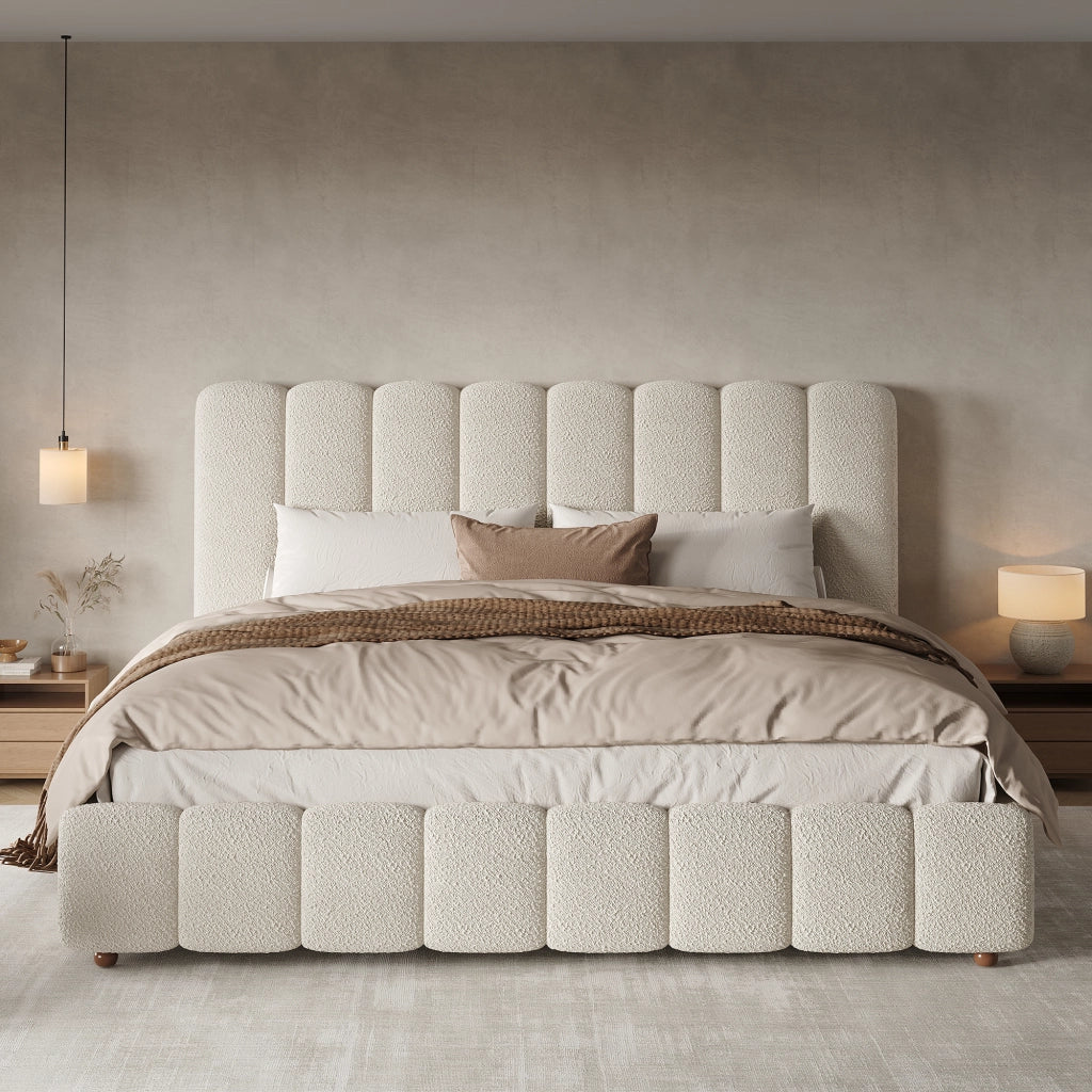 Letto matrimoniale imbottito 180 ¡Á 200 cm con rete a doghe testiera in boucl¨¦ bianco gambe in legno