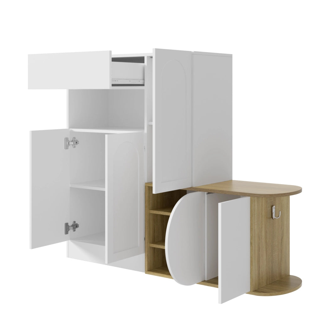 Scarpiera, mobile da ingresso, con seduta, cassetti, ripiani aperti, 130 x 35 x 110,5 cm, bianco e color legno naturale