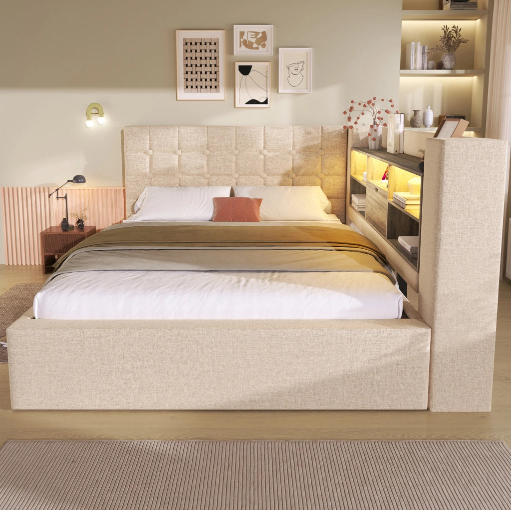 Letto Polsterato 140x200 cm con Illuminazione LED, Contenitore Idraulico e Testiera a L Montabile a Destra o Sinistra, Tessuto in Lino Beige (Senza Materasso)