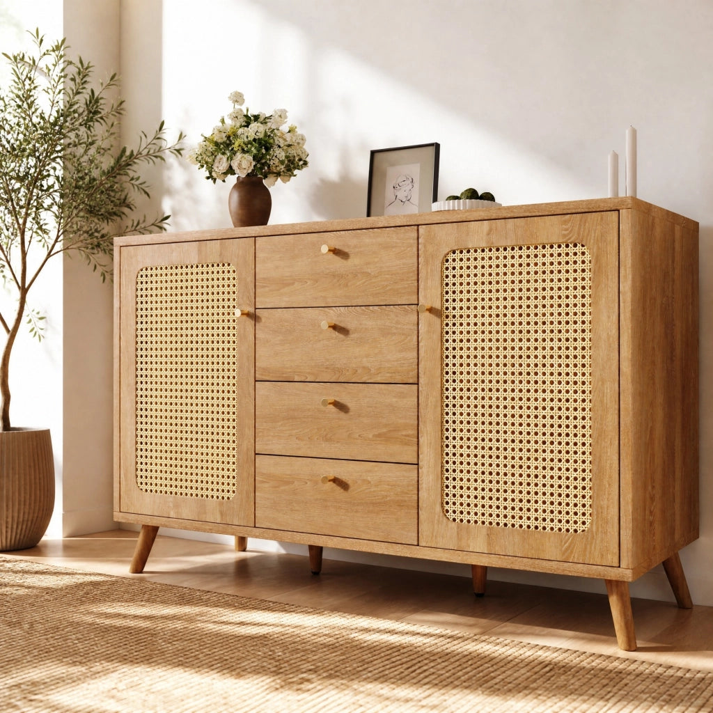 Credenza 140 cm effetto rovere chiaro con 4 cassetti e 2 ante