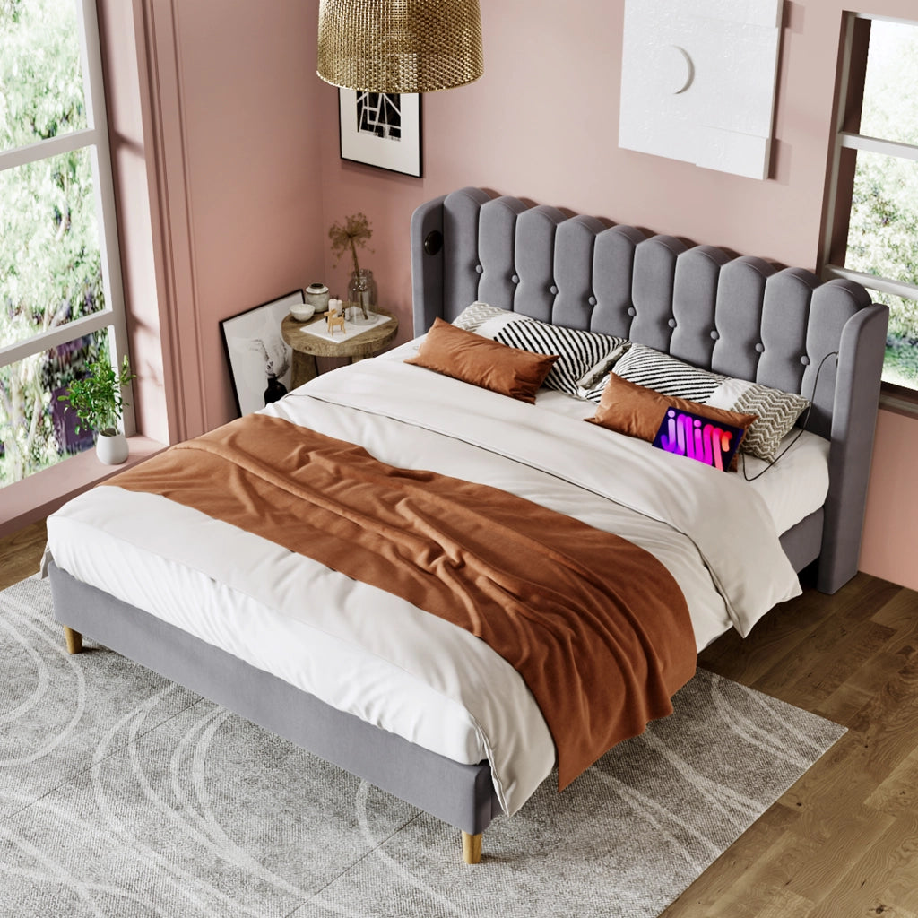 Letto matrimoniale imbottito 140 ¡Á 200 cm con materasso a molle ricarica USB e Tipo C in lino grigio