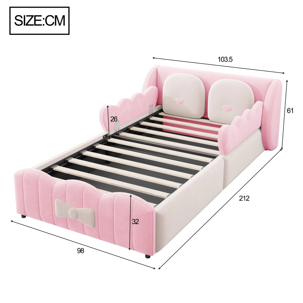 Letto per bambini imbottito 90 × 200 cm con contenitore idraulico in velluto rosa e due cuscini decorativi