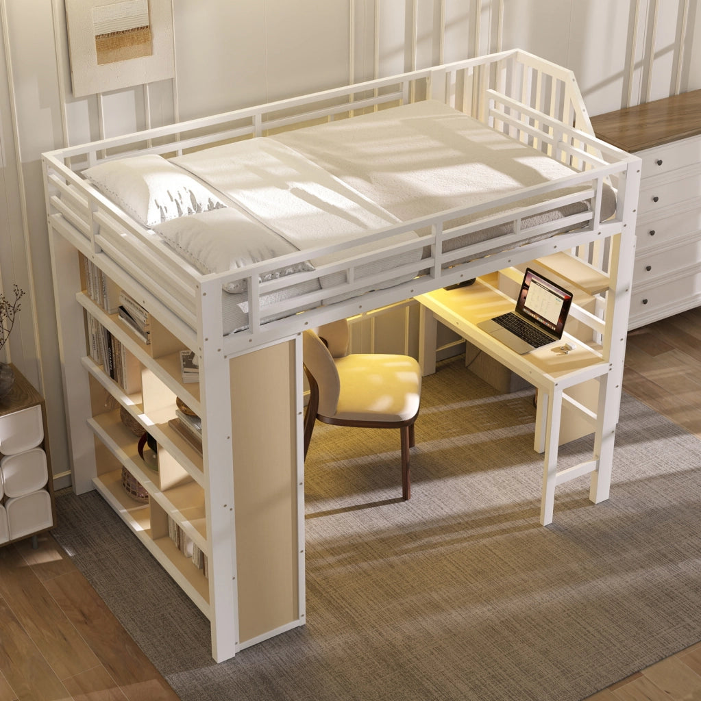 Letto a soppalco 140x200 cm in metallo con scrivania, mensola, illuminazione LED e scala con contenitori, bianco, senza materasso