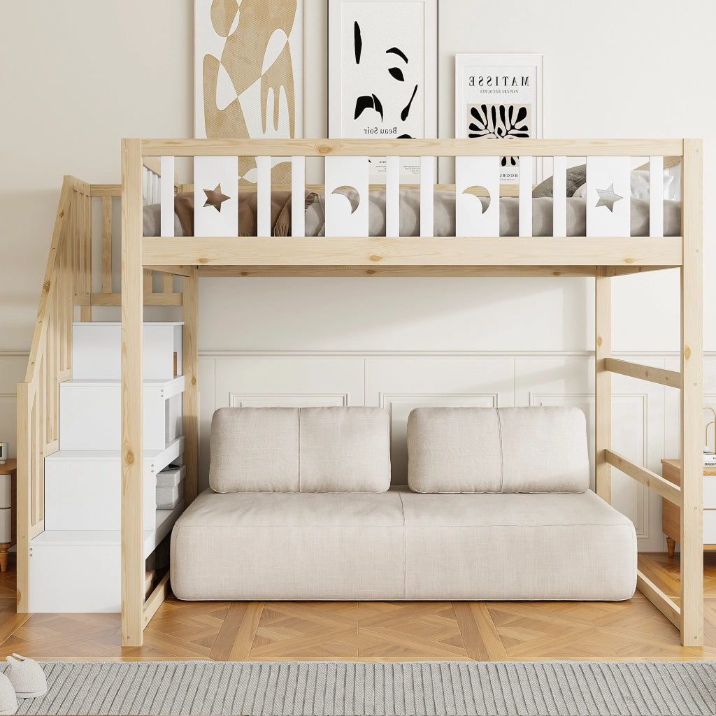 Letto a soppalco per bambini 140 × 200 cm con scala ripiani area divano e decorazioni luna e stelle in legno