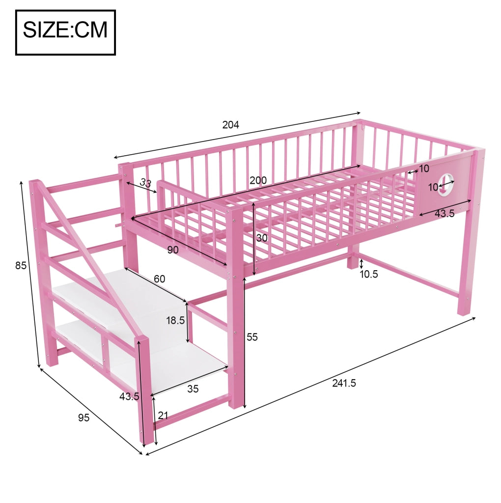 Letto a soppalco basso per bambini 90x200 cm con struttura in metallo rosa e scaletta con contenitore